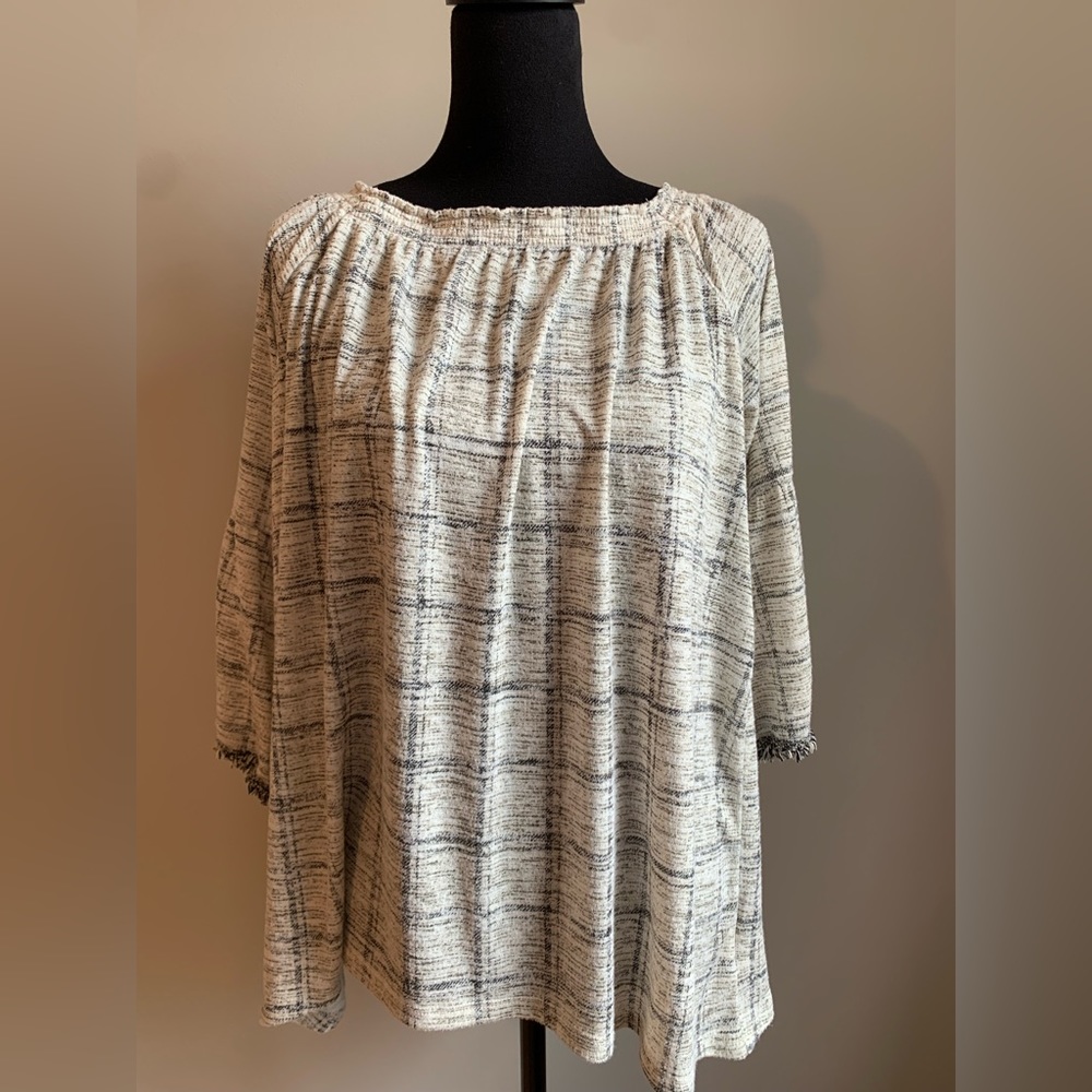 Style & Co blouse in neutral cream and beige with elastic neckline